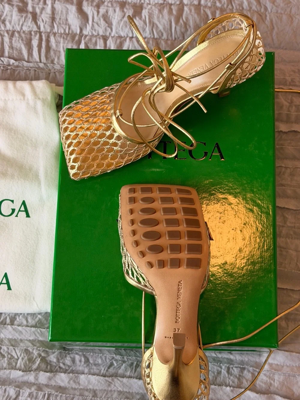 Bottega Veneta Metallic Gold Mesh Lace-Up Heels